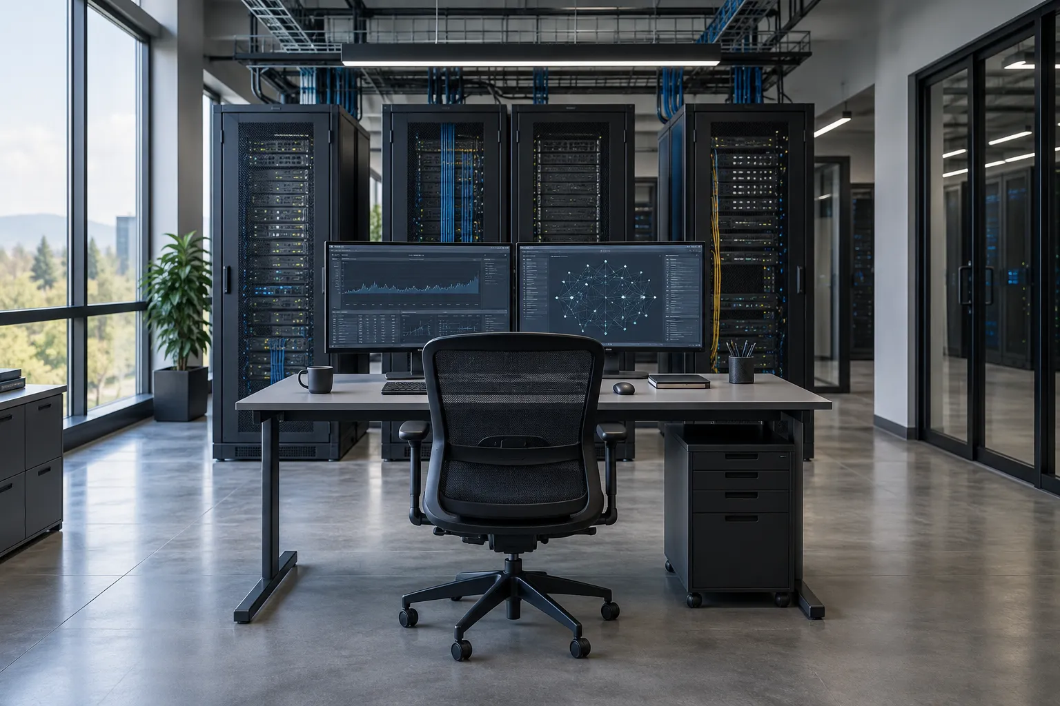 Enterprise Ai Automation Engineering workstation beside neatly arranged server cabinets