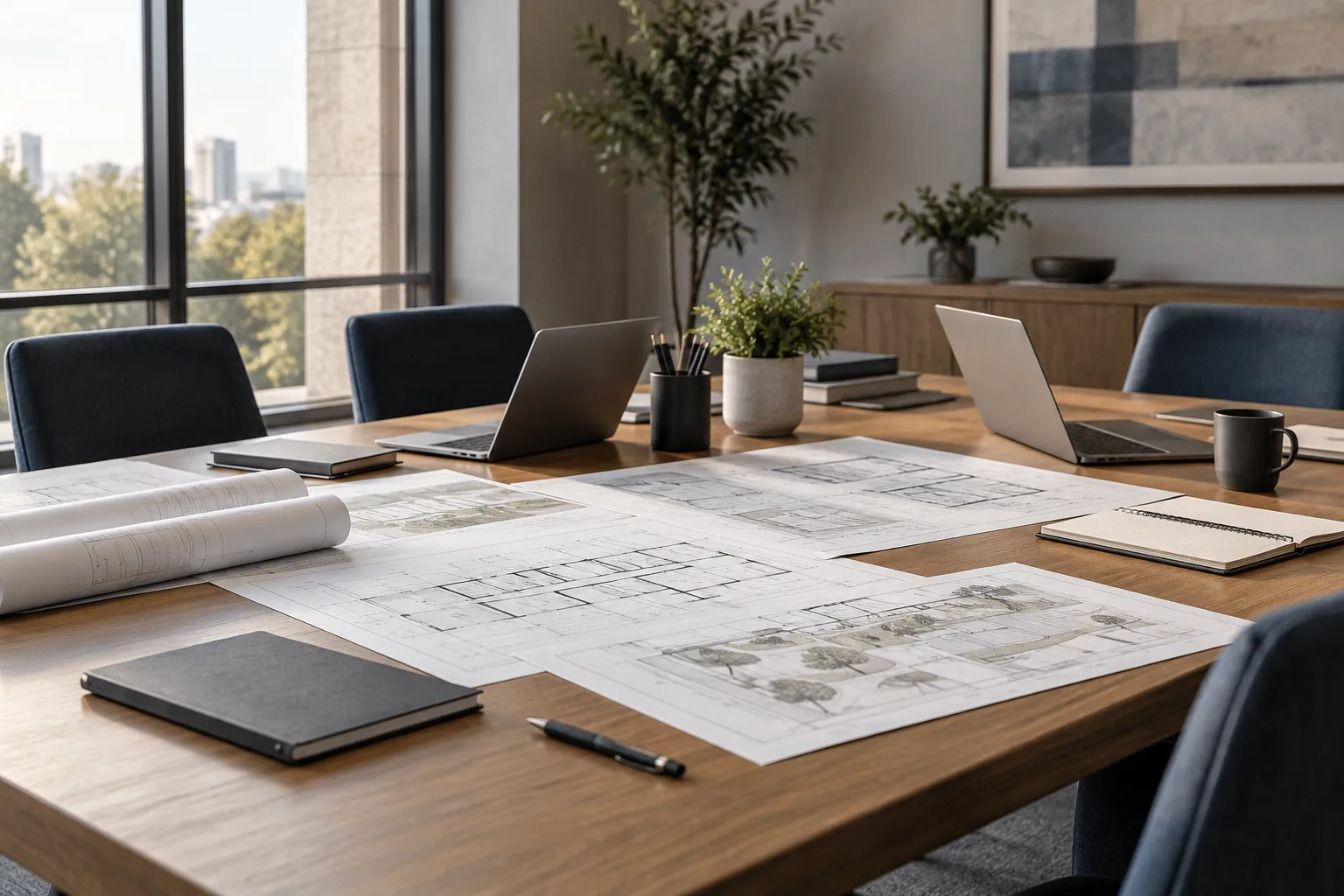 Enterprise Strategy Consulting Technical plans and notebooks on a professional project review table