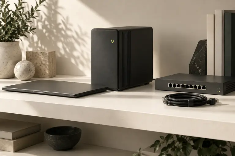 Illustrative workstation, laptop and networking hardware on an ivory shelf