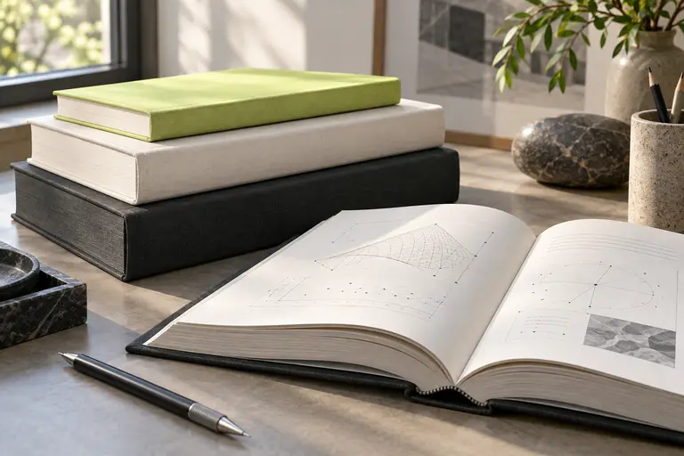 Professional publications Unbranded reference books and an open illustrated volume on a reading desk