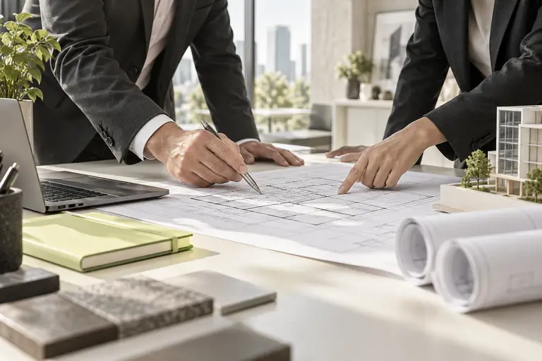Professionals reviewing technical plans at a project table